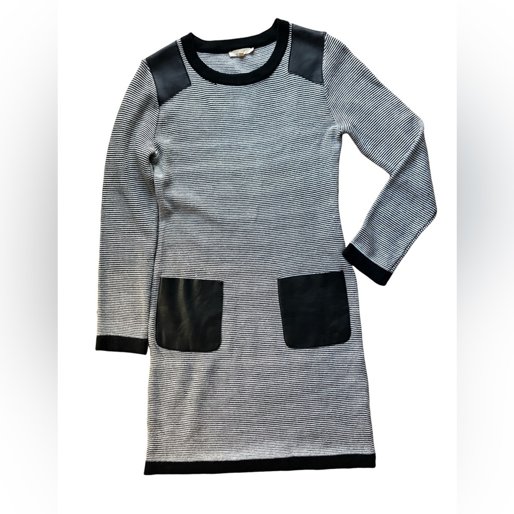 Mystree Wool Blend Black White Stripe Body Con Faux Leather Accent Mini Dress